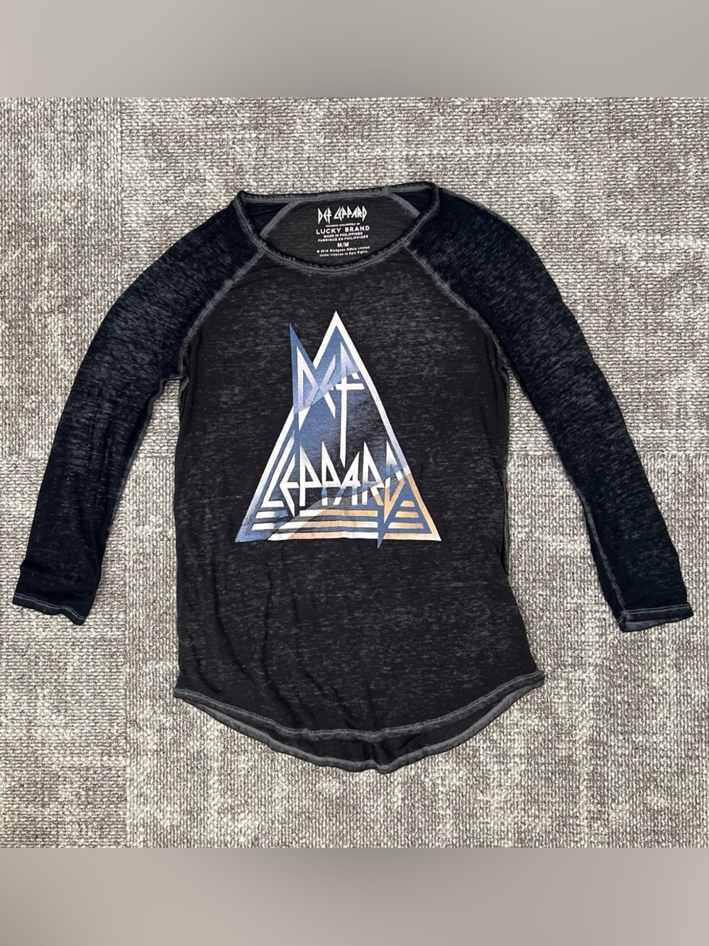 Lucky Brand Black Raglan Long-Sleeve Tee with Blue and Tan Triangle Logo